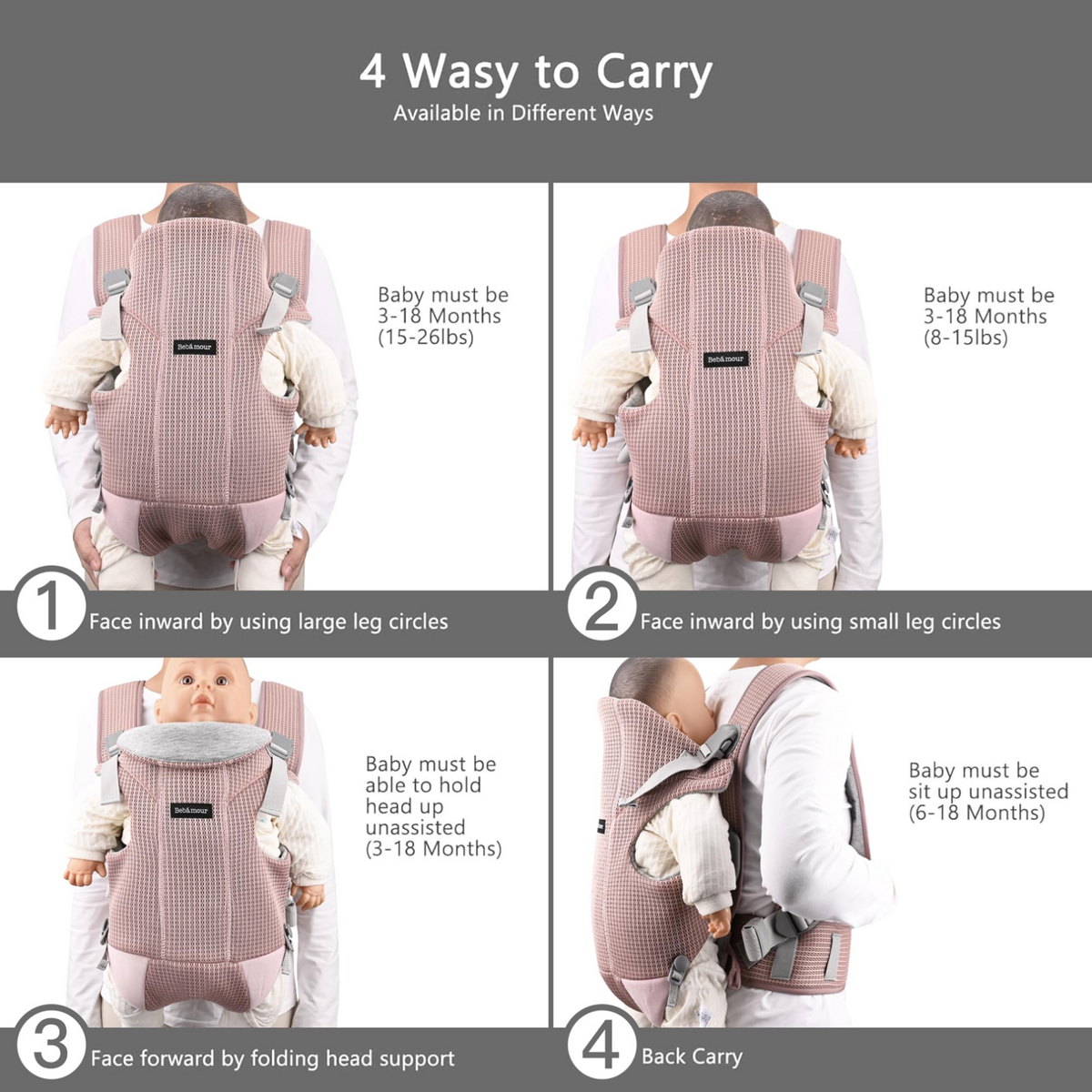 BEBAMOUR porte-bébé ergonomique jusqu'à 12kg 3-en-1