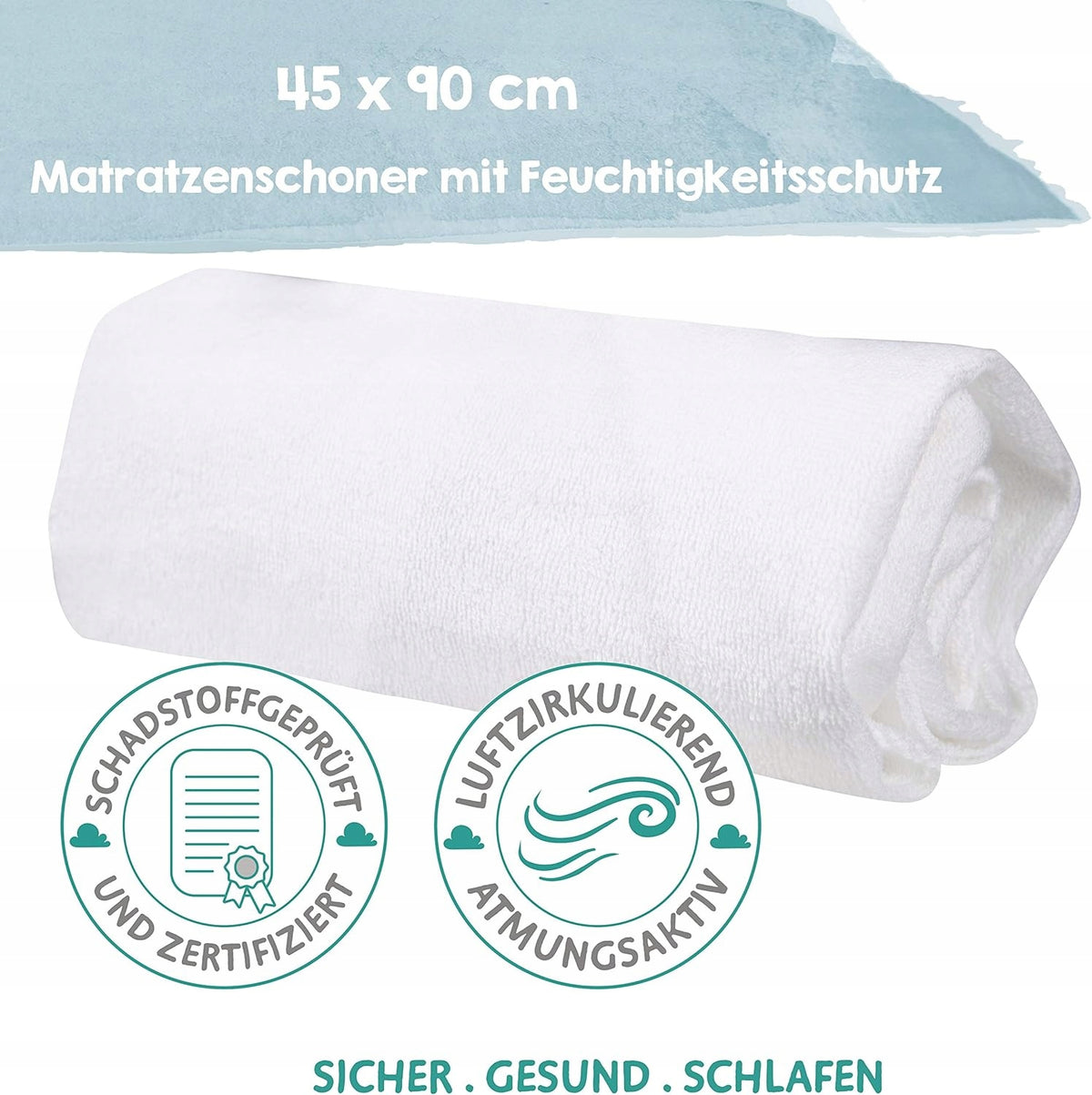 Zwinięty biały ochraniacz na materac ROBA na grafice z oznaczeniem rozmiaru 45 × 90 cm.