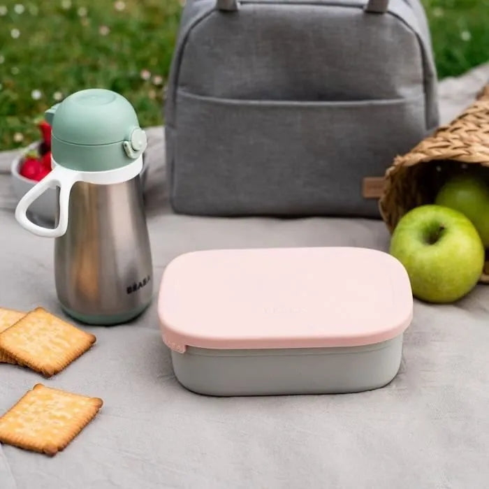 BEABA śniadaniówka lunchbox STAL nierdzewna 760ml z przegrodami, różowy lunchbox z butelką i przekąskami