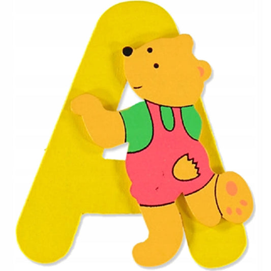 BIECO drewniane litery alfabet z MISIAMI - kolorowa litera A z misiem, drewniana ozdoba dla dzieci 3+