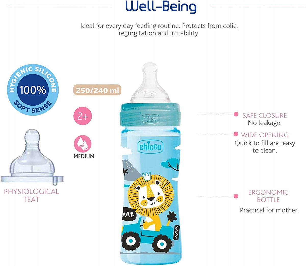 CHICCO Well-Being 250 ml-es cumisüveg, 2 hónapos kortól, közepes átfolyású