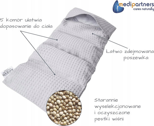 MEDIPARTNERS termofor z pestkami wiśni DUŻY 800g 60x20 cm MINKY, szary termofor z 5 komorami i zdejmowaną poszewką