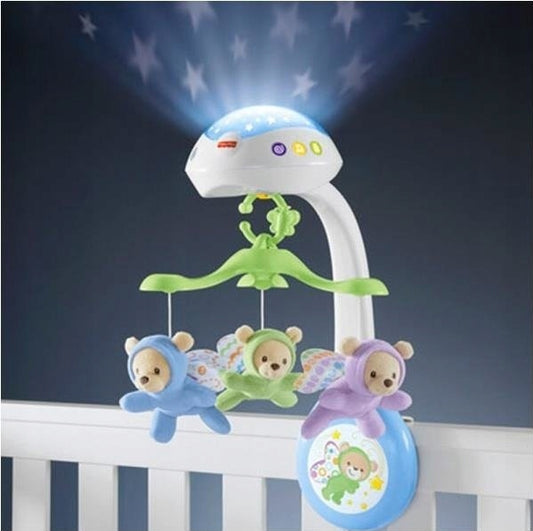 FISHER PRICE karuzela projektor + pilot z misiami, wielokolorowa karuzela do łóżeczka z projektorem