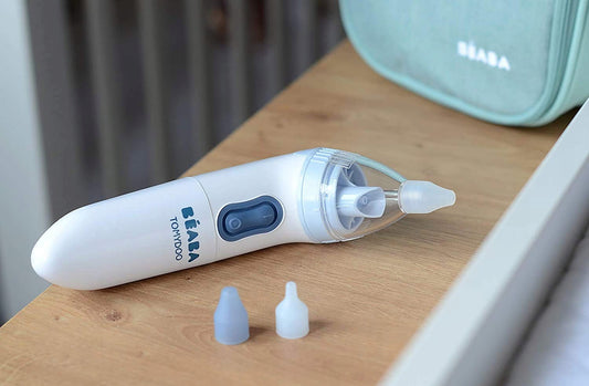 BEABA Tomydoo ELEKTRYCZNY ASPIRATOR do nosa "O z 3 silikonowymi końcówkami i etui, biały