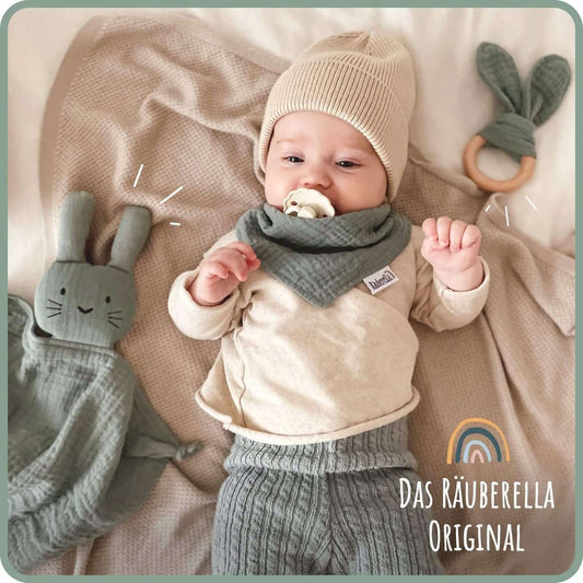 NUDU BABY zestaw muślina KOMFORTER śliniak GRYZAK, zielony komplet dla niemowląt 0+