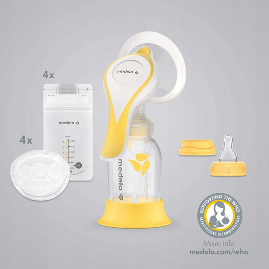 MEDELA Harmony laktator ręczny zestaw Essentials z butelką, wkładkami laktacyjnymi i woreczkami do przechowywania