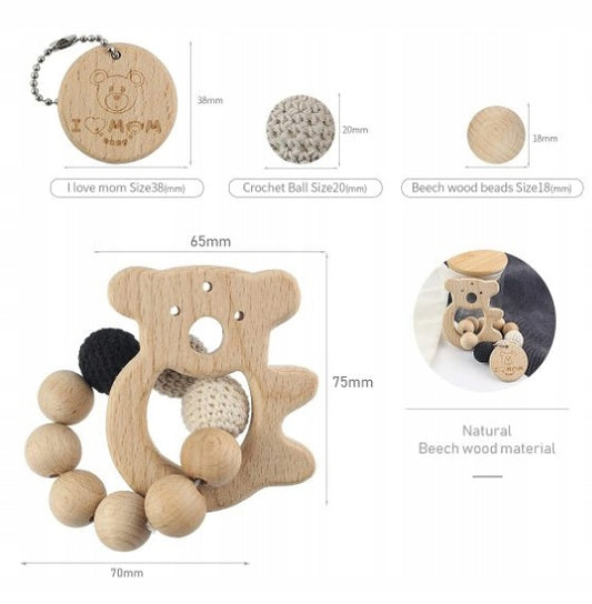 DREWNIANY GRYZAK koala I LOVE MOM z drewna bukowego, z koralikami i zawieszką, 38 mm
