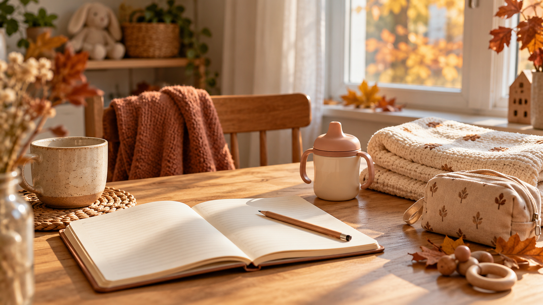 Carnet ouvert et crayon sur une table en bois, à côté une tasse pour enfant, une couverture et une pochette dans un intérieur automnal.