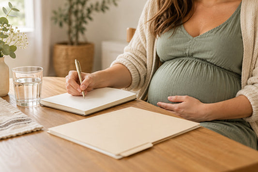 A pregnant woman prepares notes and documents for an appointment at a bright table. An illustrative photograph generated using AI.