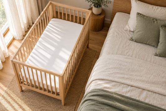 An empty cot with a flat mattress and fitted sheet, without a pillow or toys. An illustrative photograph generated using AI.