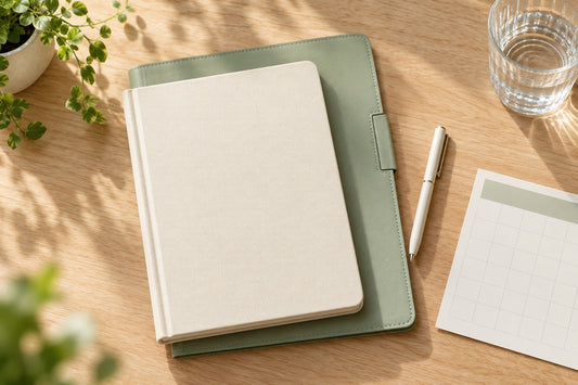 A child’s health documents and a notebook with space for dates, without visible personal information. An illustrative photograph generated using AI.