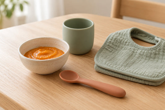 A small bowl of smooth purée, a spoon and a cup on a clean, light-coloured table. An illustrative photograph generated using AI.