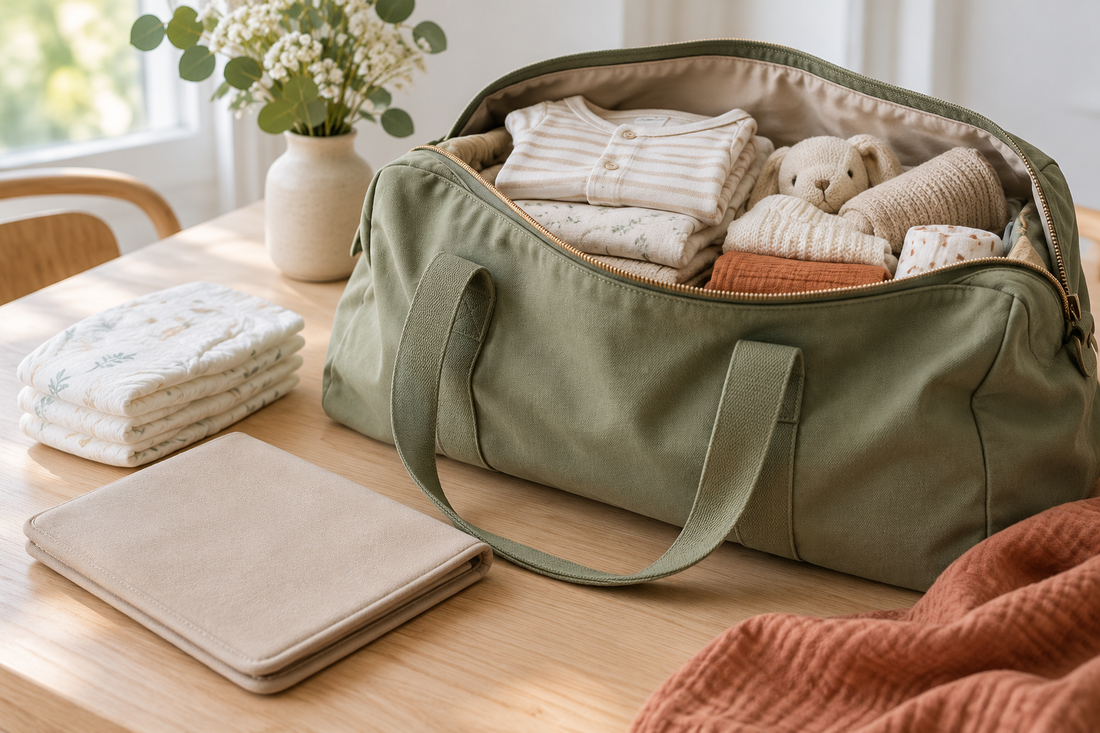 Un sac de voyage ouvert, des vêtements de bébé pliés, des couches et une pochette à documents fermée sur une table claire.