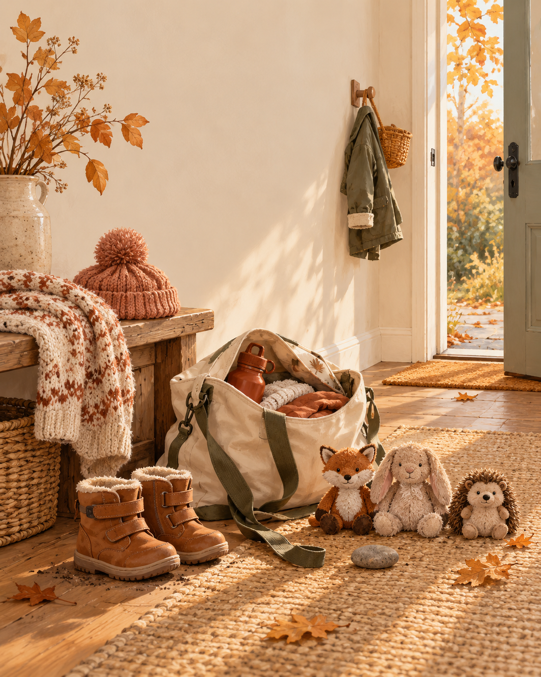 Autumn hallway with children’s shoes, an outing bag and three soft toys waiting by the door