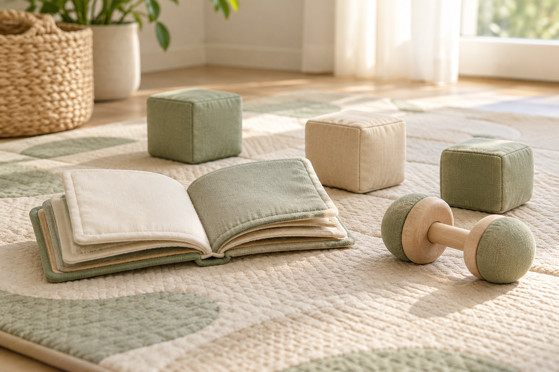 Tapis de jeu au sol, petit livre ouvert sans texte, grands cubes souples et hochet simple dans un intérieur calme.
