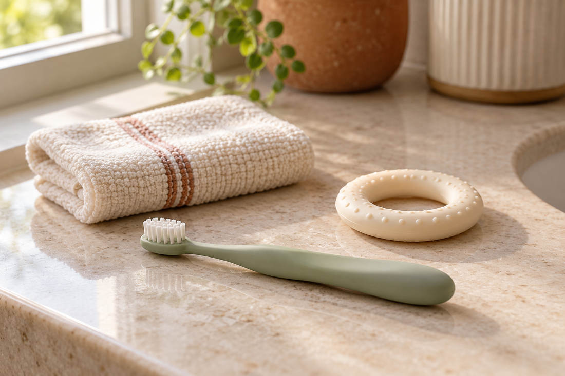 Une petite brosse à dents à poils souples, un anneau de dentition simple en silicone et un linge propre en coton sur un plan de travail clair.