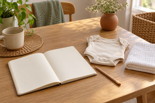 Un carnet vierge ouvert sur une table claire, un crayon simple, une couche pliée et un petit vêtement de bébé.