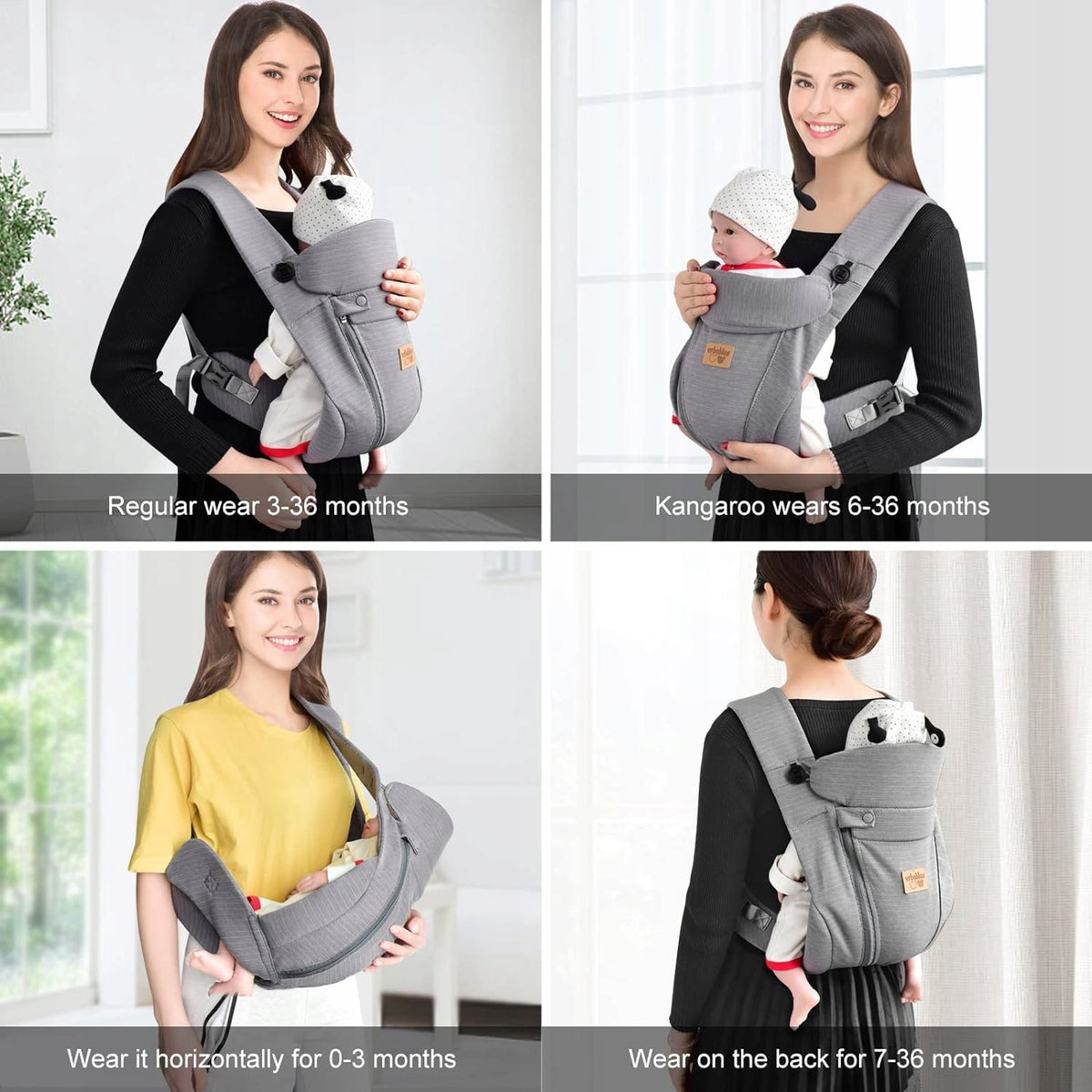 VRBABIES nosidełko ergonomiczne, szare, dla niemowląt 3,5-15 kg, noszenie z przodu, na boku i na plecach