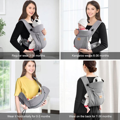 VRBABIES nosidełko ergonomiczne, szare, dla niemowląt 3,5-15 kg, noszenie z przodu, na boku i na plecach