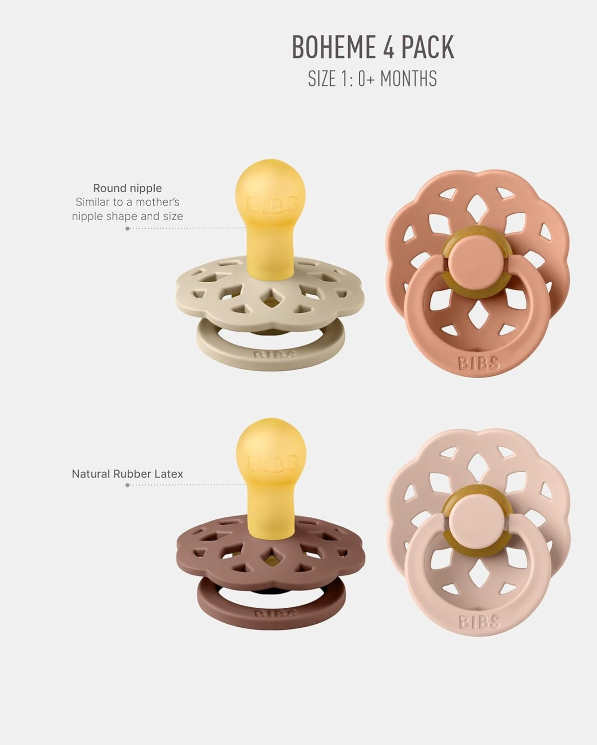 BIBS BOHEME smoczki uspokajające 4pack 0-6msc, naturalny kauczuk, okrągłe, 4 sztuki