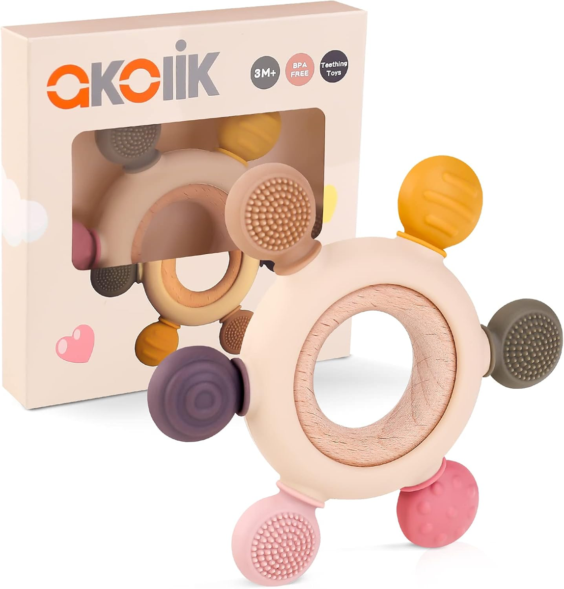 AKOLIK anneau de dentition massant en silicone et bois 10,8 cm 3 m+