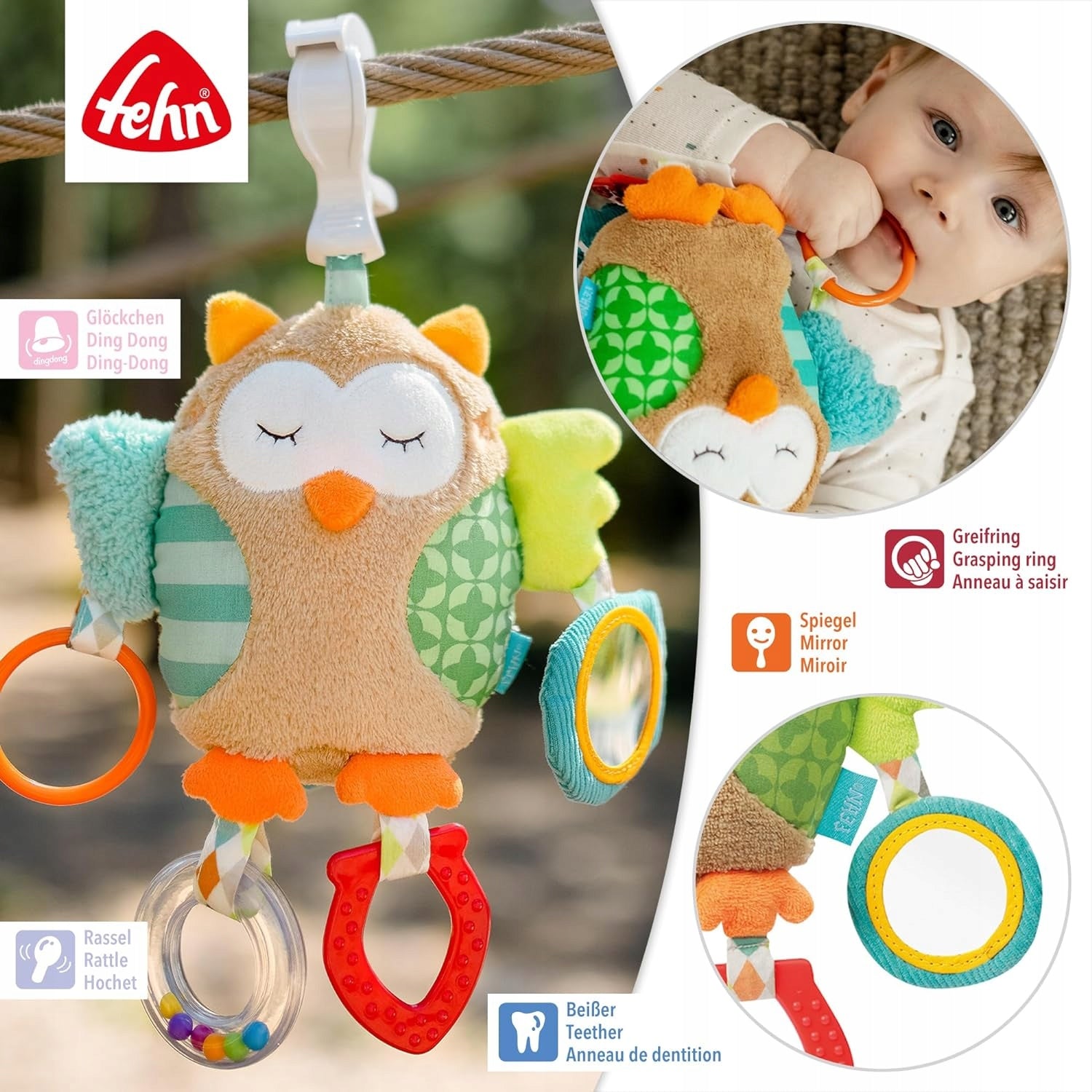 FEHN Sleepy Forest hanging toy with a rattle and clip for a stroller or car seat