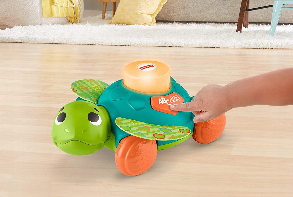 FISHER-PRICE GXK35 interaktywny żółw j.niemiecki, zielona zabawka edukacyjna z przyciskami ABC i świecącą kopułą