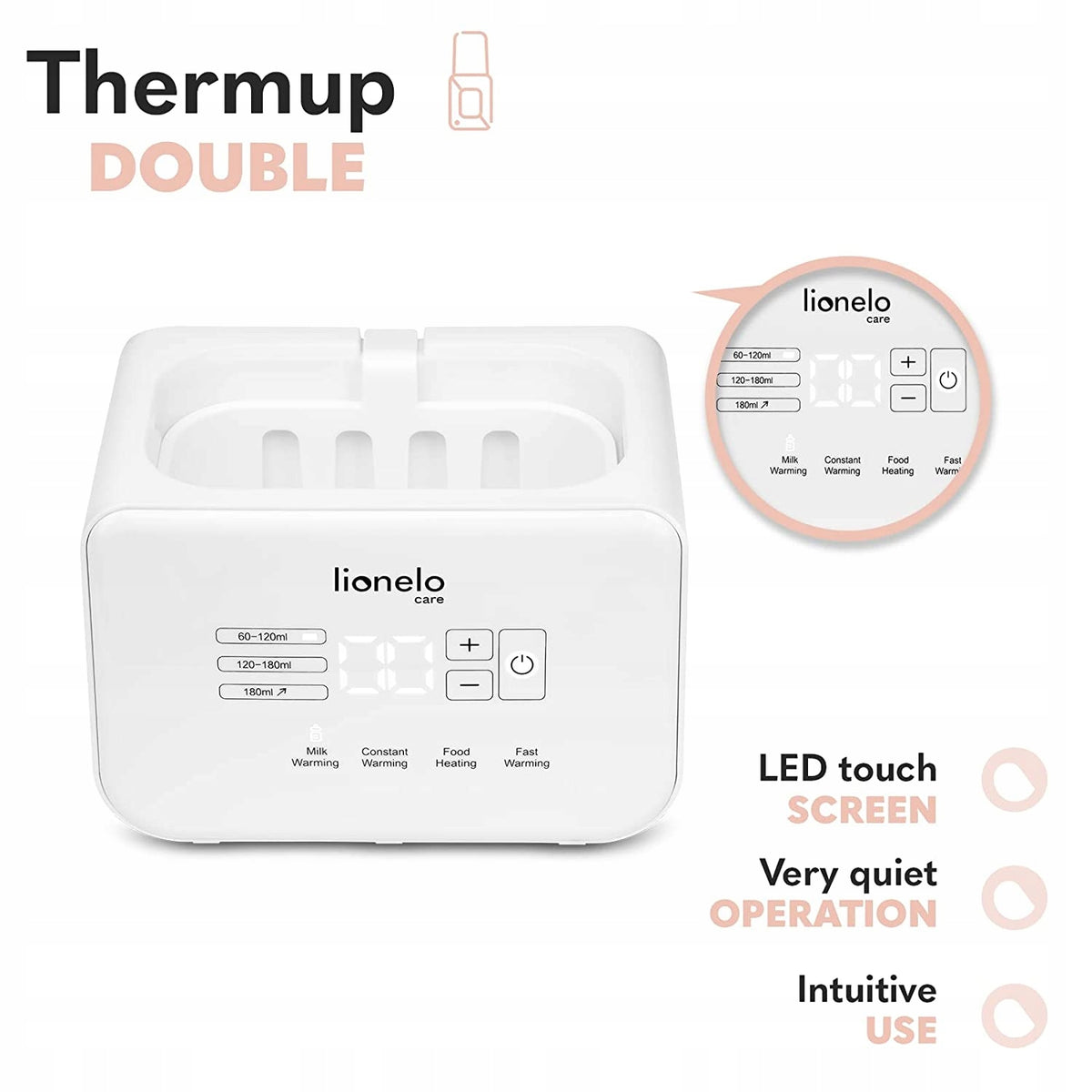 LIONELO THERMUP DOUBLE podgrzewacz podwójny z LED touch screen, biały, do butelek i słoików