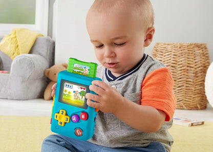 FISHER-PRICE Lil Gamer interaktywna konsola retro J.NIEMIECKI, niebieska zabawka edukacyjna dla dziecka