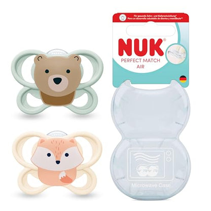 NUK Perfect Match Air smoczki uspokajające 0-6m x2 z silikonowymi smoczkami i etui, wzory miś i lis