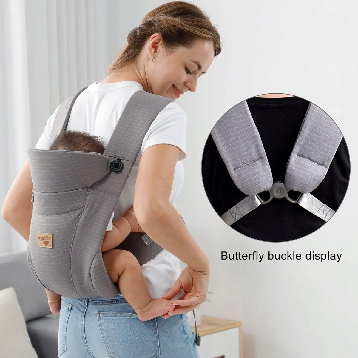 VRBABIES nosidełko ergonomiczne, szare nosidło miękkie z regulowaną klamrą dla dziecka 3,5-15 kg