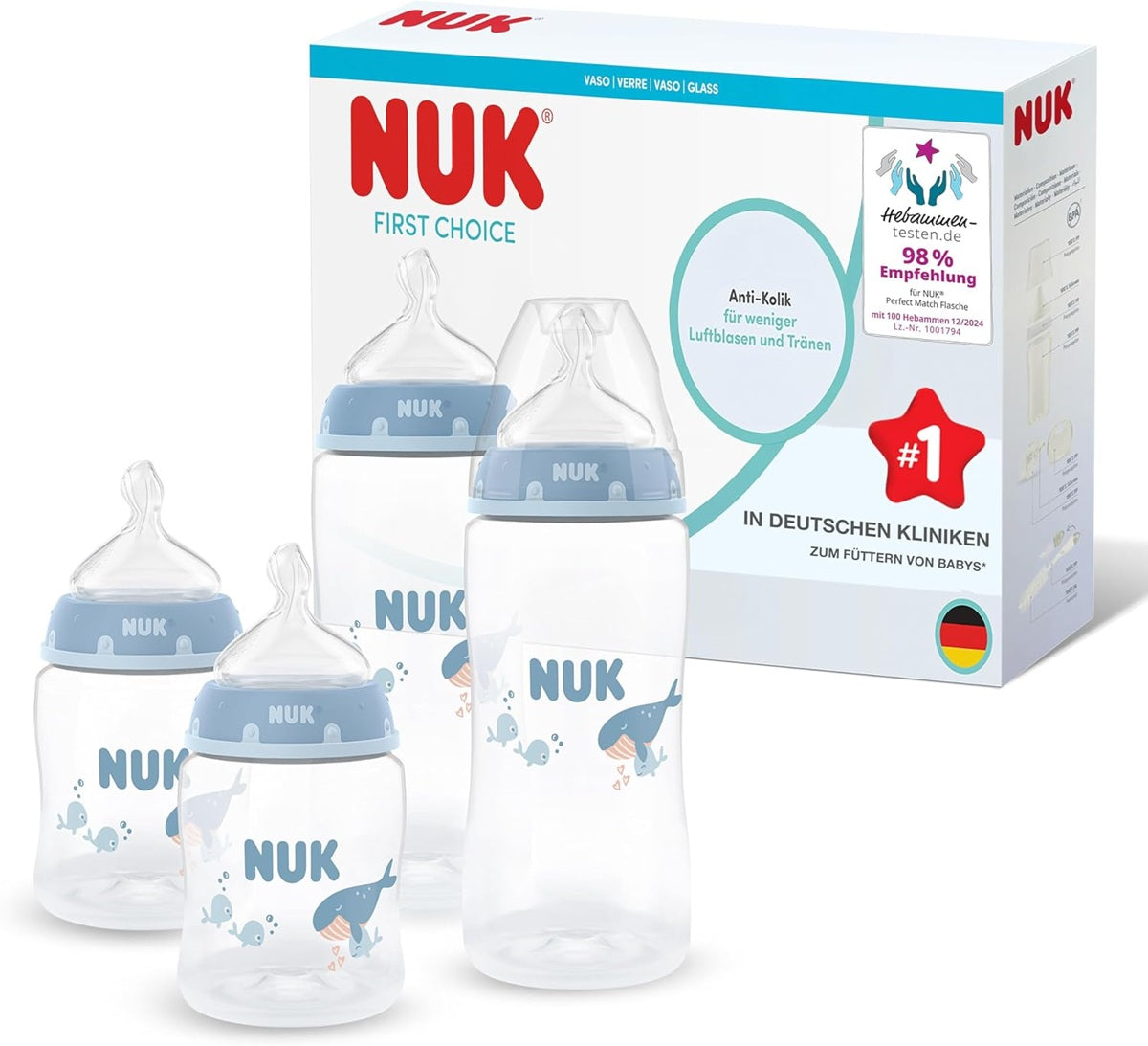 NUK First Choice 4 darabos készlet, 150/300 ml-es cumisüvegek, S/M cumifejek, 0–3 hó+, BAJNA
