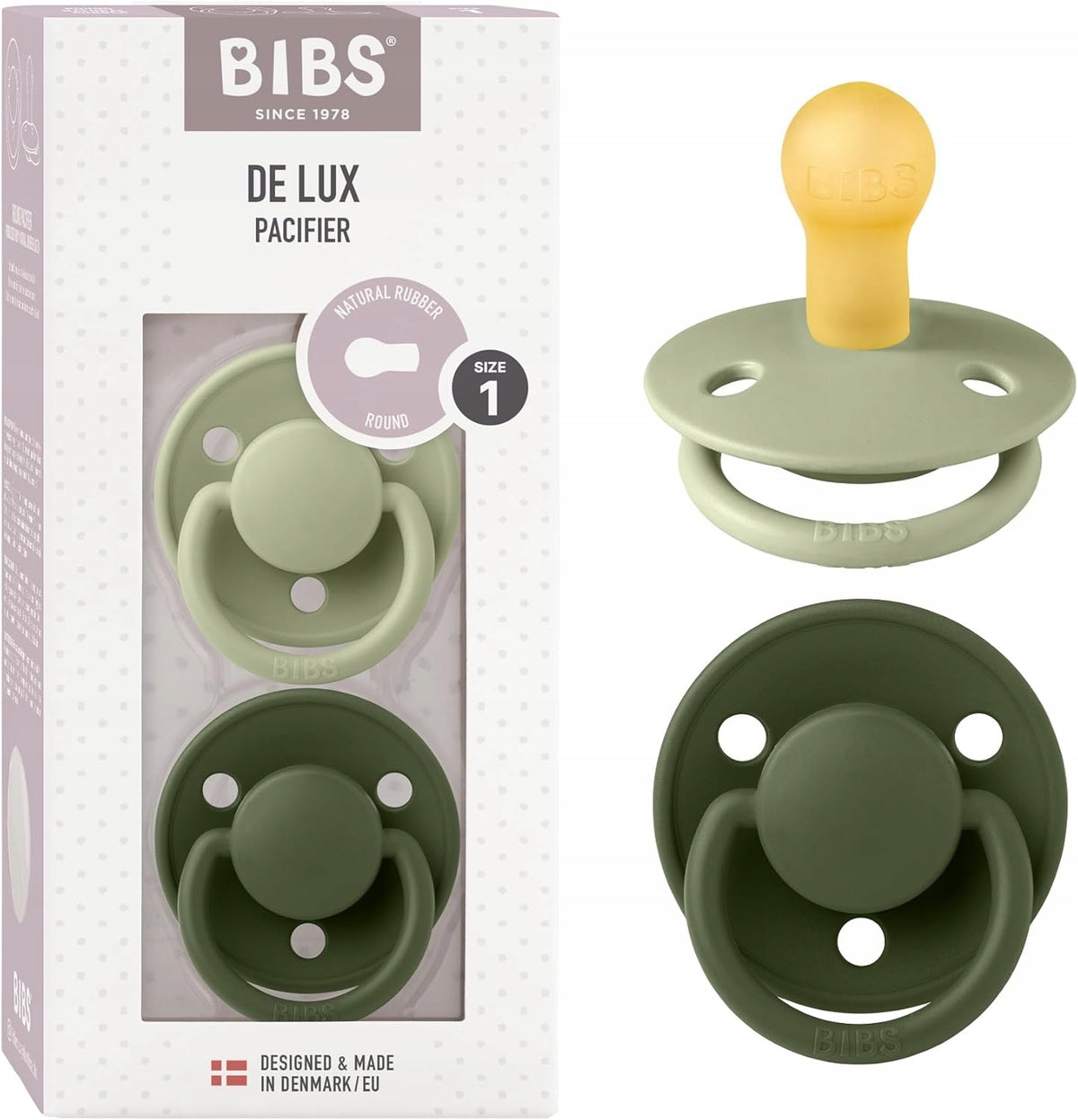 BIBS DE LUX smoczki uspokajające 2pack 0-6msc, naturalny kauczuk, rozmiar 1, zielony i żółty