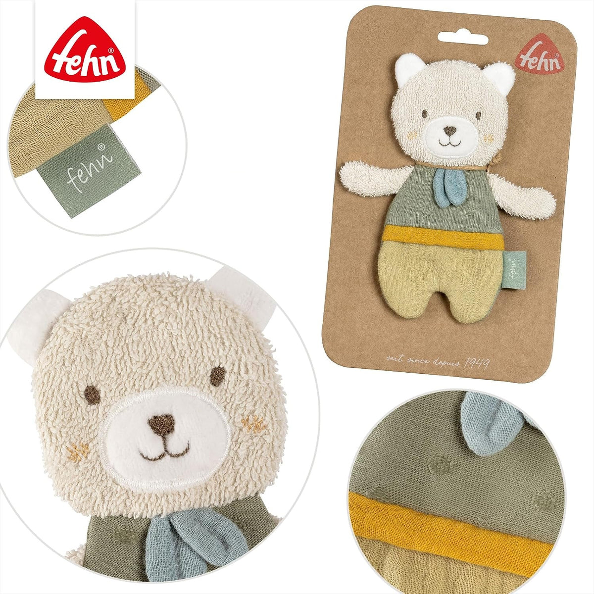 FEHN Natur hochet bruissant en coton biologique OURSON 17 cm