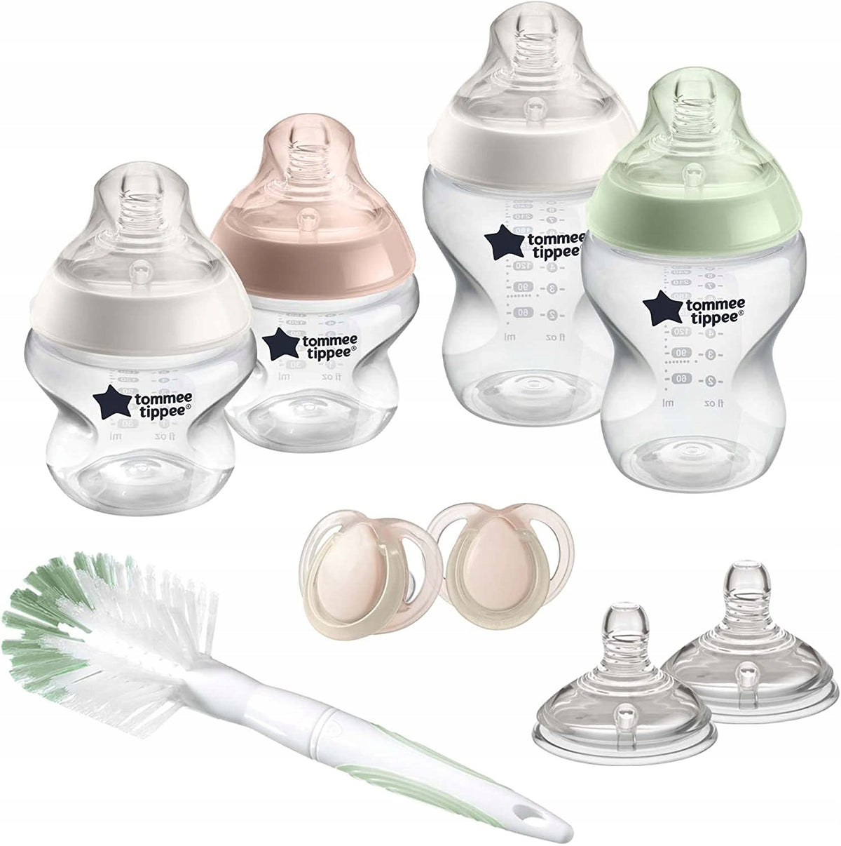 TOMMEE TIPPEE zestaw startowy butelki, smoczki 9el. - butelki, smoczki, szczotka i smoczki uspokajające