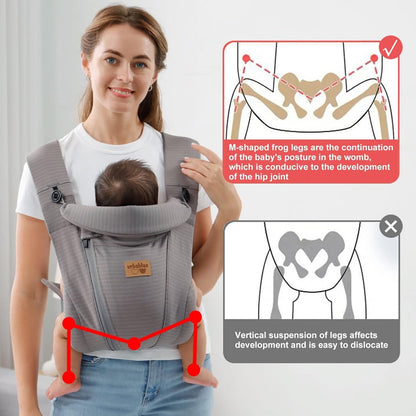 VRBABIES nosidełko ergonomiczne szare, wspiera pozycję M dziecka i rozwój bioder od 3,5 do 15 kg