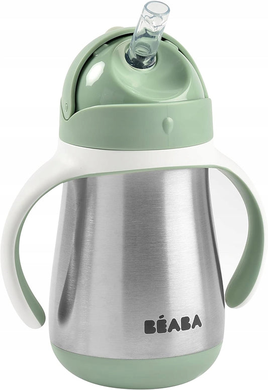 BEABA kubek niekapek ze słomką STALOWY 250 ml zielony, stal nierdzewna, 8 m+