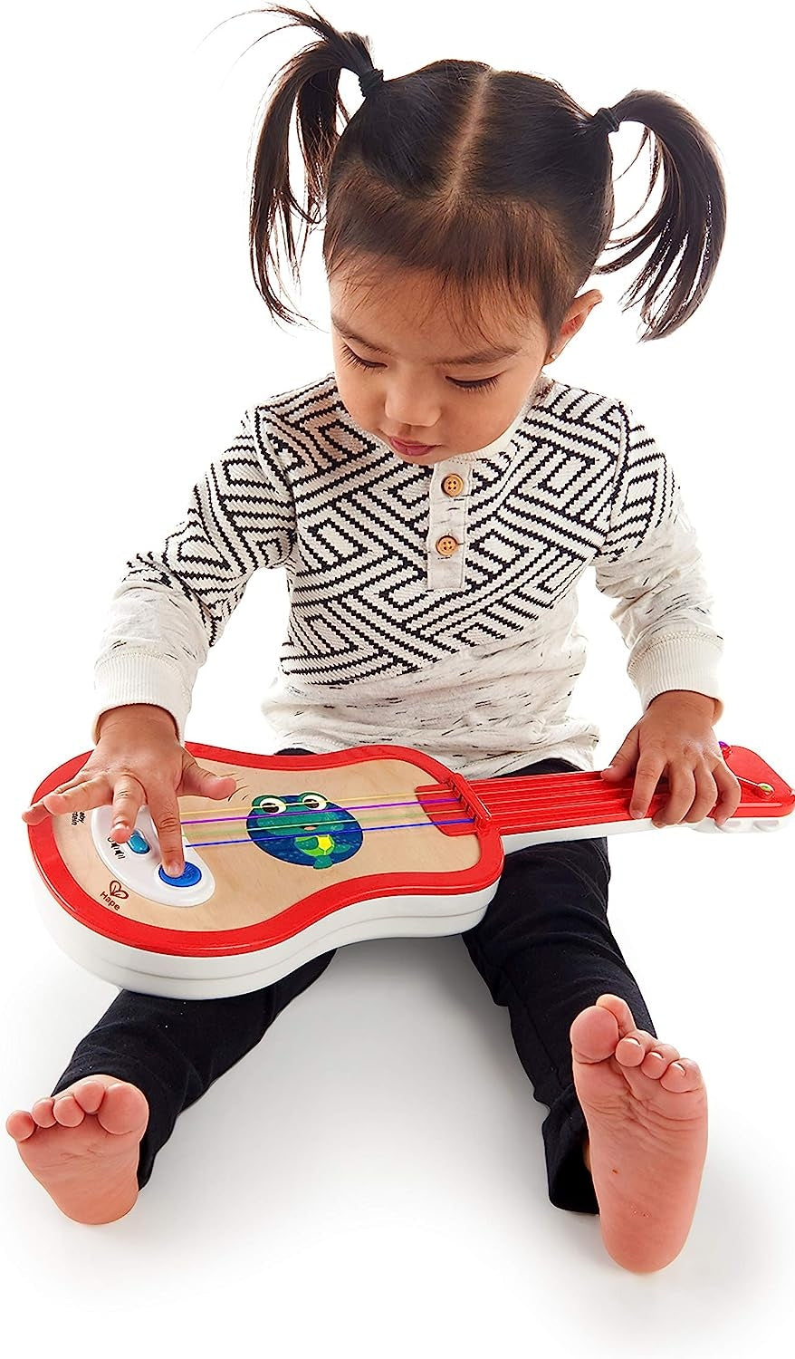 HAPE Baby Einstein ukulele 43 cm drewno, plastik – czerwony ukulele dla dzieci 12 m+ z trybem nauki i regulacją głośności