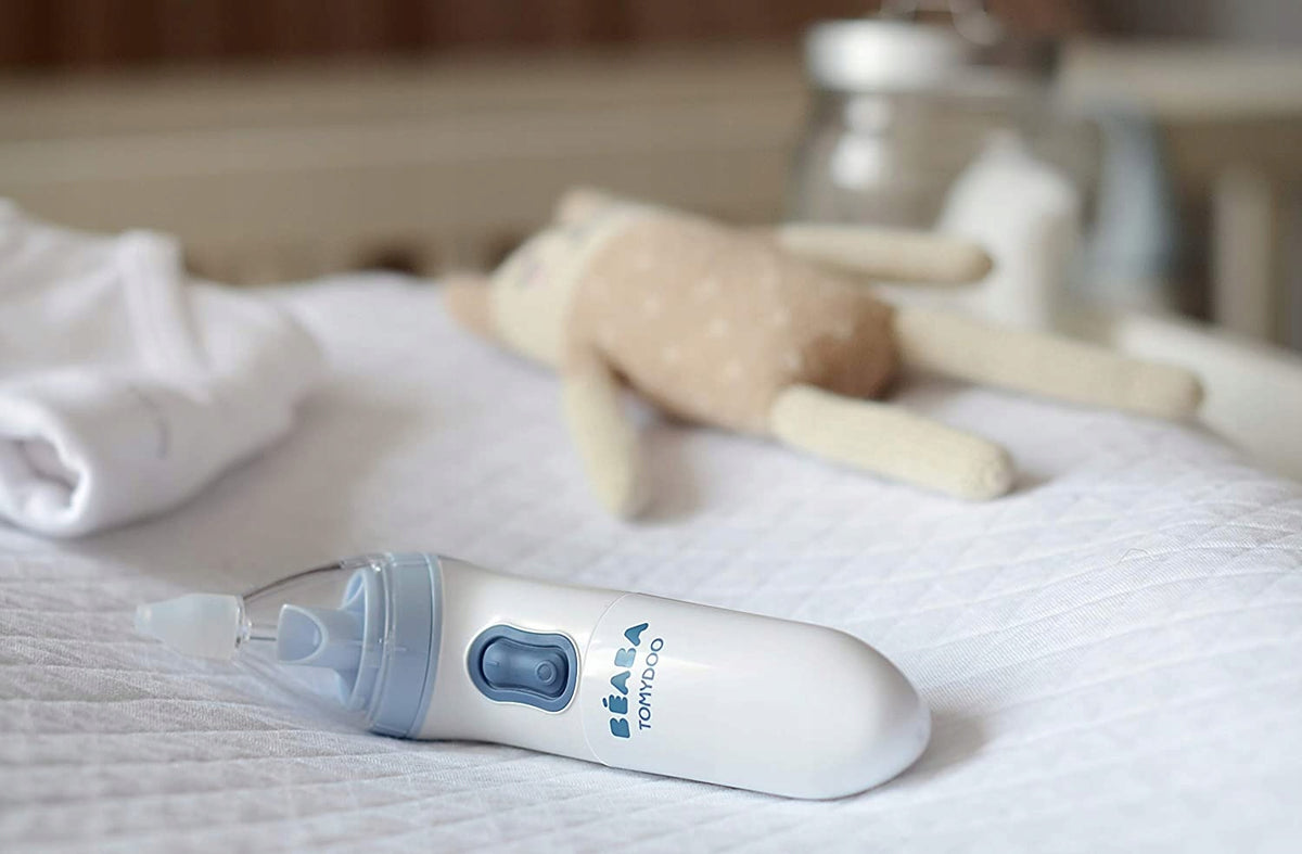 BEABA Tomydoo ELEKTRYCZNY ASPIRATOR do nosa "O biały elektryczny aspirator do nosa dla dziecka, zestaw 3 końcówek