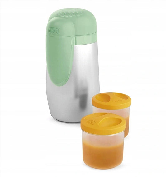 CHICCO termos ze stali + 2 pojemniki 5h "N, zielono-metaliczny termos z 2 pojemnikami 250 ml