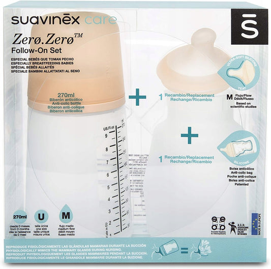SUAVINEX zestaw startowy ZERO ZERO 270ml antykolkowa butelka z wymiennym smoczkiem i silikonową torebką