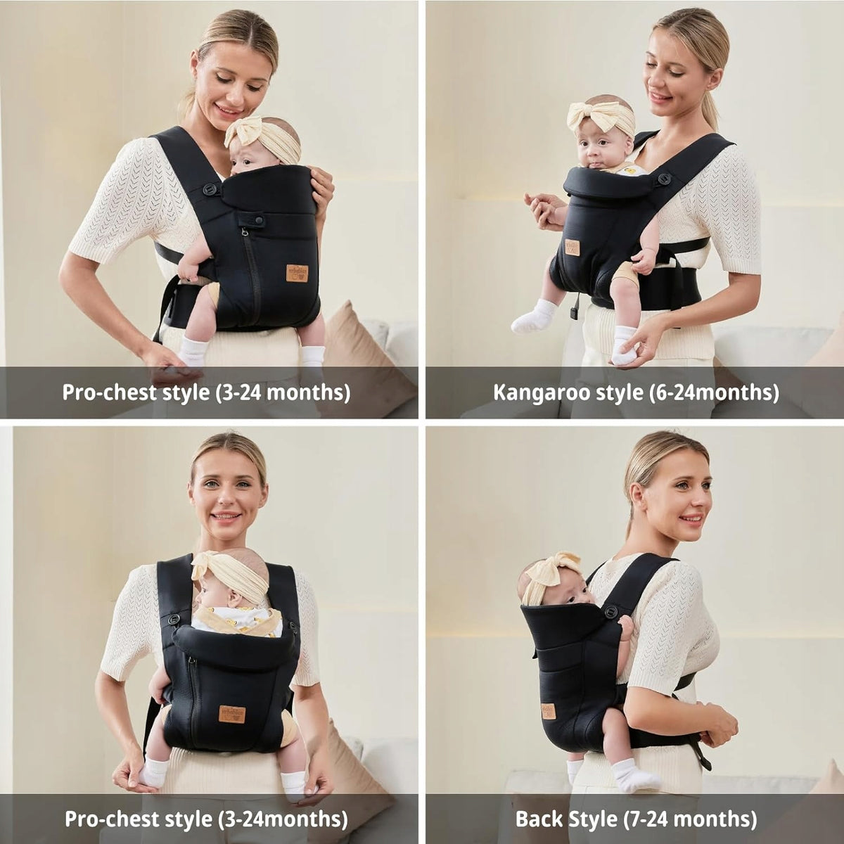VRBABIES nosidełko ergonomiczne czarne, pro-chest, kangaroo i back style dla dzieci 3,5-15 kg