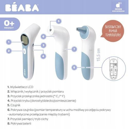 BEABA Thermospeed TERMOMETR BEZDOTYKOWY ekran LCD, bezdotykowy termometr z szybkim pomiarem temperatury
