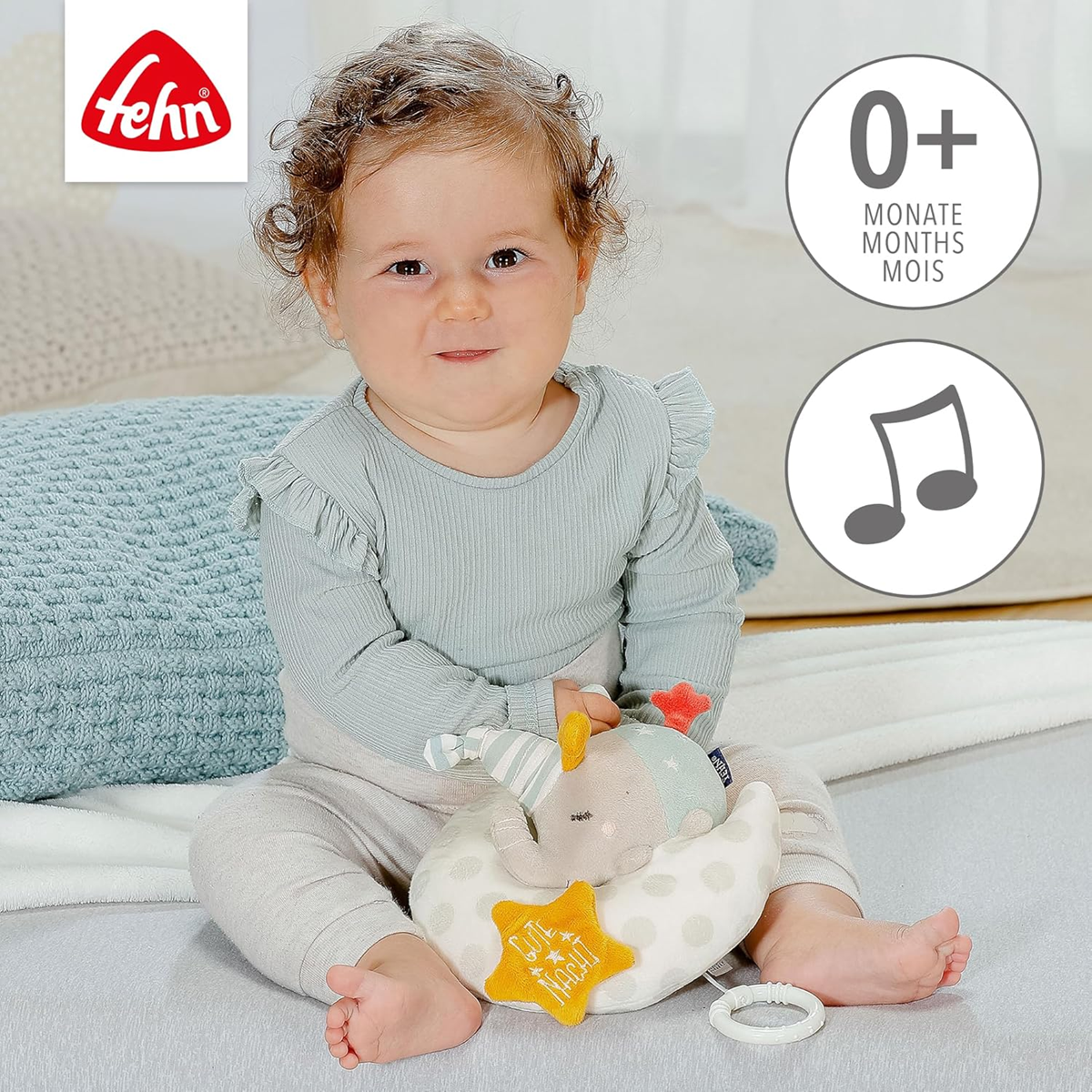 FEHN suspension lumineuse avec boîte à musique pour poussette et lit bébé ÉLÉPHANT SUR LA LUNE