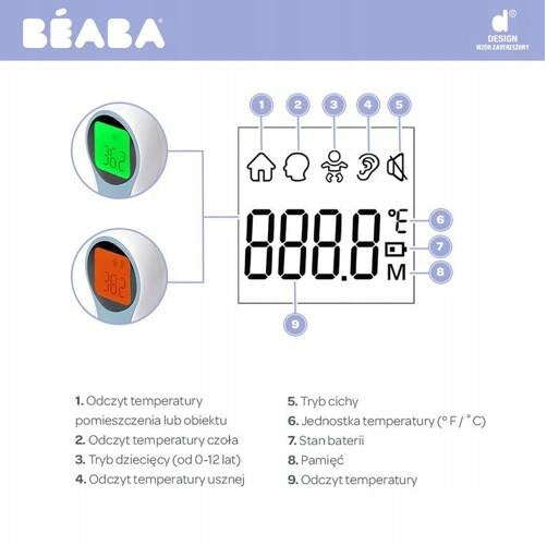 BEABA Thermospeed TERMOMETR BEZDOTYKOWY ekran LCD - termometr bezdotykowy do ucha, czoła i pomiaru temperatury