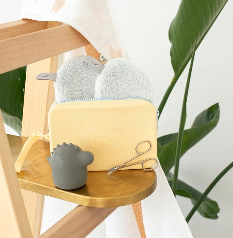 WASCHIES deux gants de toilette hypoallergéniques pour bébé + étui en silicone