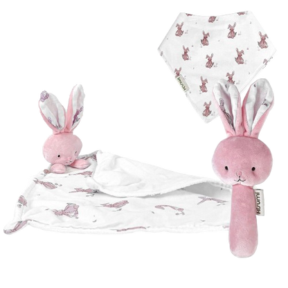 KISUMI ensemble couette, bavoir et hochet en peluche LAPIN
