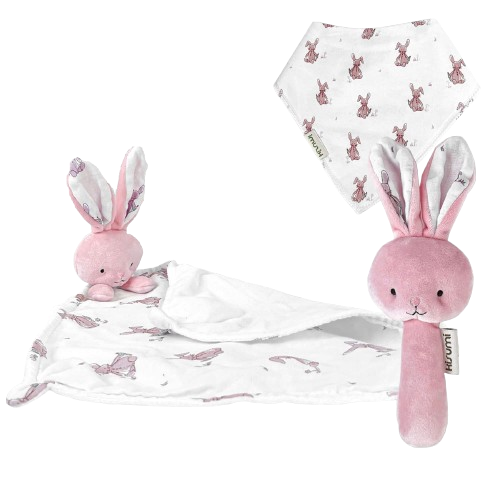 KISUMI ensemble couette, bavoir et hochet en peluche LAPIN