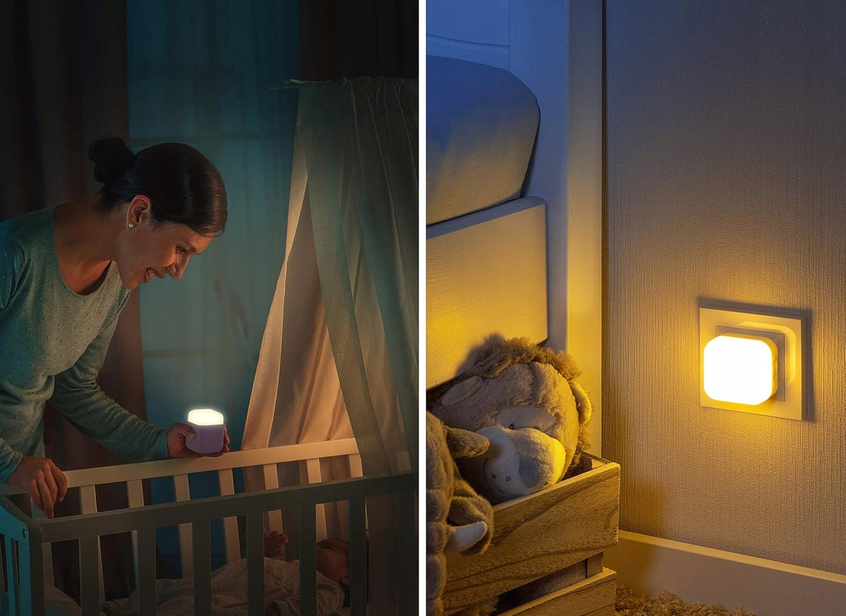REER SleepLight 2w1 lampka nocna LED przenośna lub do gniazdka, różowa lampka dla dzieci z czujnikiem i światłem nocnym