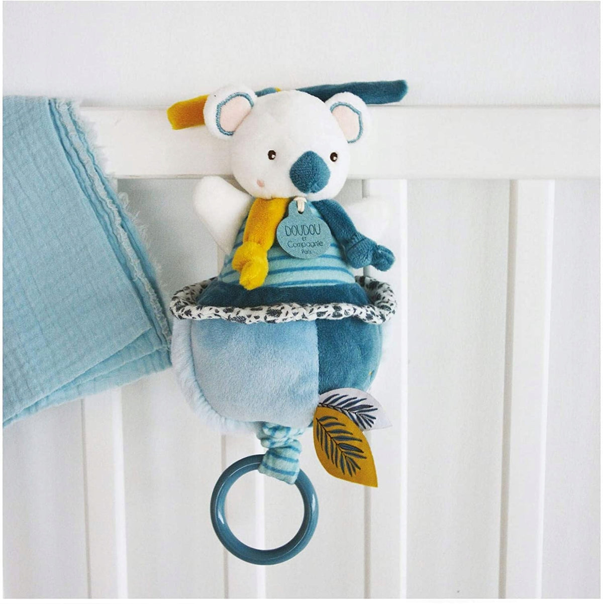 DOUDOU et COMPAGNIE koala z pozytywką 20 cm przytulanka do łóżeczka dla niemowląt biało-turkusowa